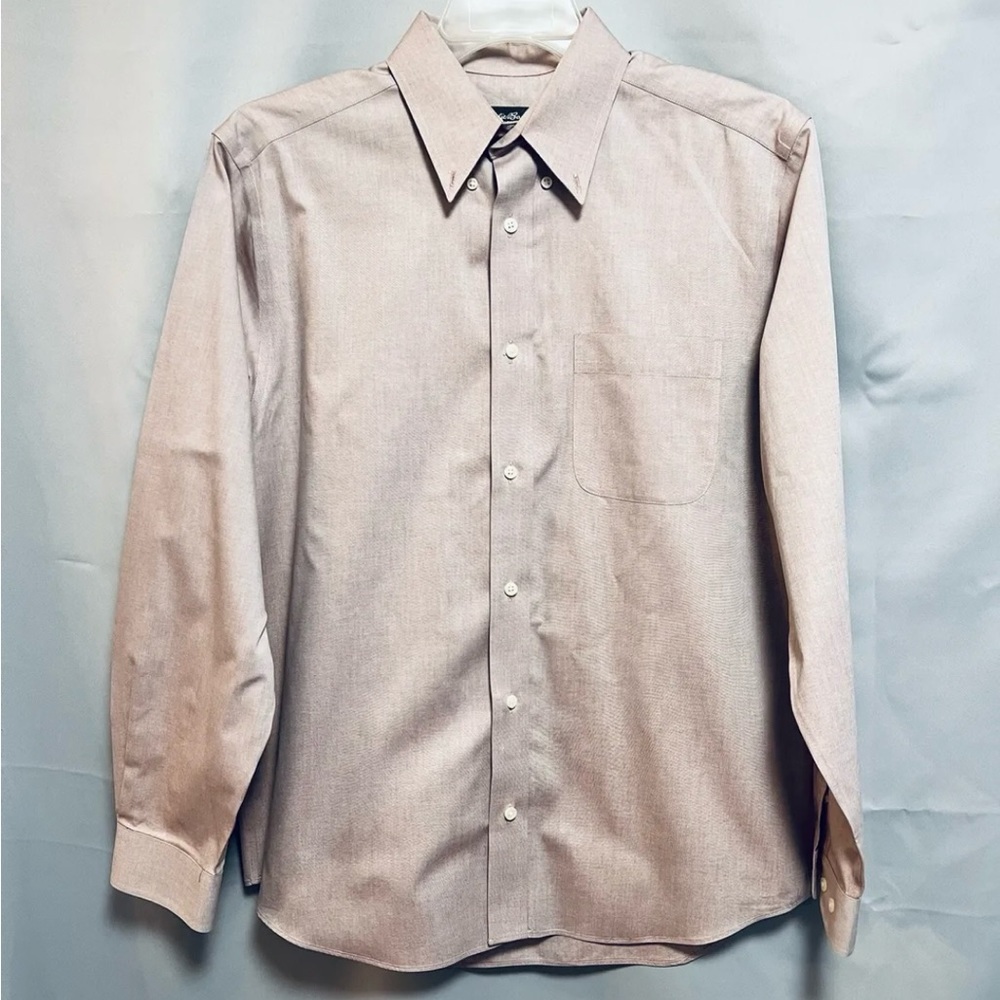 Eddie Bauer Shirt Mens Sz Medium Beige Microcheck Pocket Stain Wrinkle Resistant